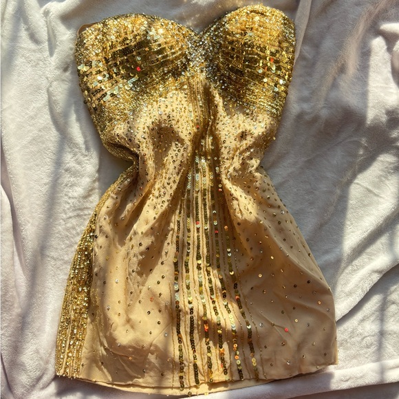 Basix Black Label Dresses & Skirts - Basix Black Label Gold Sequin beaded embellished silk stone Strapless mini Dress